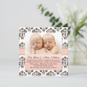 Twins Damask Baby Announcement Roze en Brown Aankondiging (Staand voorkant)