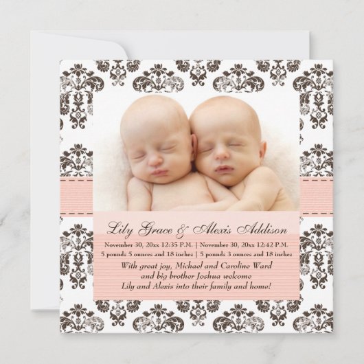 Twins Damask Baby Announcement Roze en Brown Aankondiging (Voorkant)