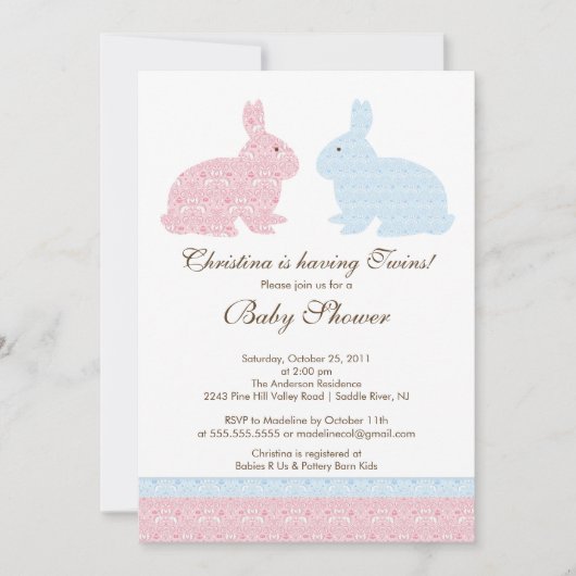 Twins Damask Bunny Baby shower Invitation Girl Boy Kaart (Voorkant)