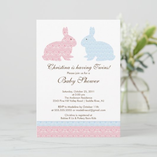 Twins Damask Bunny Baby shower Invitation Girl Boy Kaart (Staand voorkant)