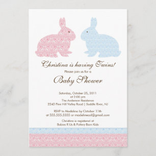 Twins Damask Bunny Baby shower Invitation Girl Boy Kaart