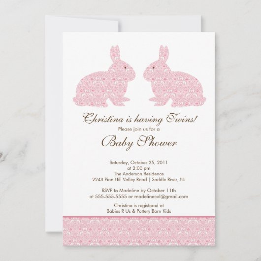 Twins Damask Bunny Baby shower Invitation Girl Kaart (Voorkant)