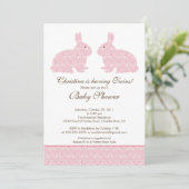 Twins Damask Bunny Baby shower Invitation Girl Kaart (Staand voorkant)