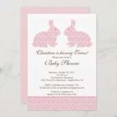 Twins Damask Bunny Baby shower Invitation Girl Kaart (Voorkant / Achterkant)