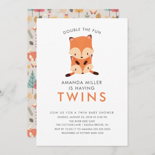 Twins Double the Fun Fox Baby Shower Uitnodigingen (Voorkant / Achterkant)