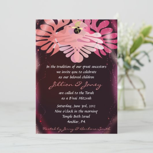 Twins Dove of Peace B'nai Bat Mitzvah Uitnodiging (Staand voorkant)