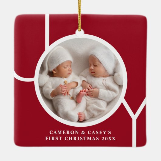 Twin's eerste aangepaste kerstfoto rood keramisch ornament (Achterkant)