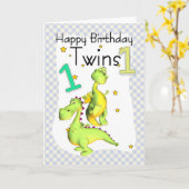 Twins Eerste Verjaardag Kaart - Schattigee Draken (Gele Bloem)