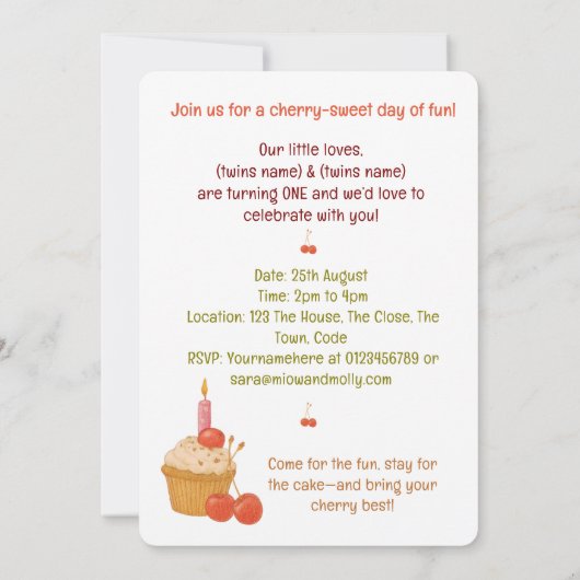 Twins eerste verjaardagsfeestje Cherry 1e tweeling Kaart (Achterkant)