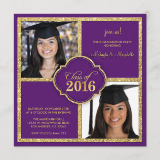 Twins Elegant Black & Paars Glitter Class of 2016 Kaart