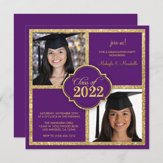 Twins Elegant Black & Purple Glitter Class of 2022 Kaart (Voorkant / Achterkant)