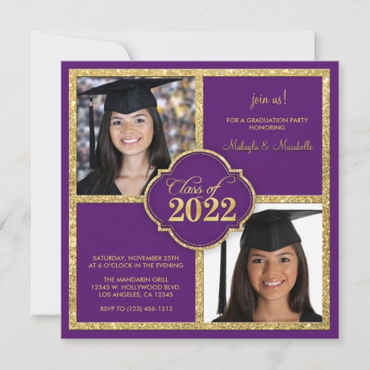 Twins Elegant Black & Purple Glitter Class of 2022 Kaart (Voorkant)