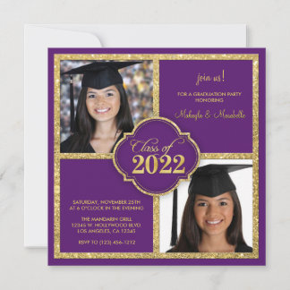 Twins Elegant Black & Purple Glitter Class of 2022 Kaart