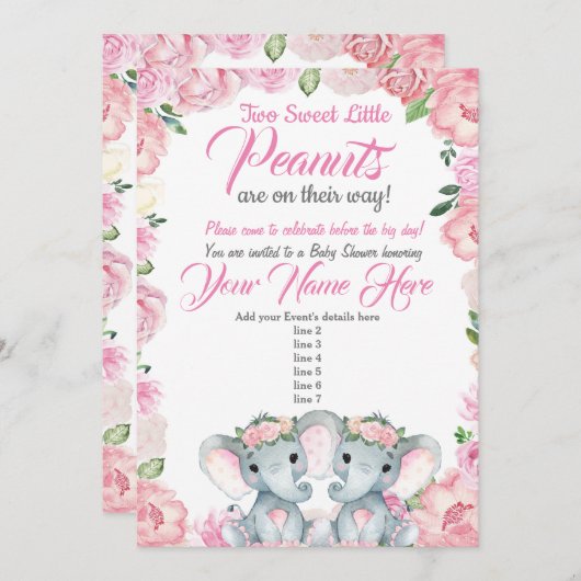 Twins Elephant Baby shower Invitation roos roze Kaart (Voorkant / Achterkant)