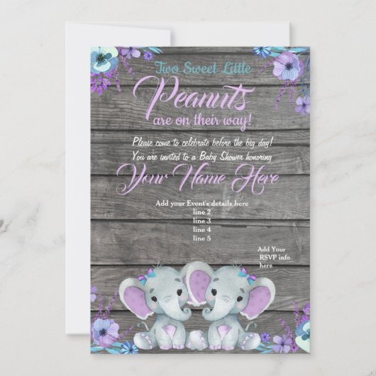 Twins Elephant Baby shower Invitation rustig, blau Kaart (Voorkant)