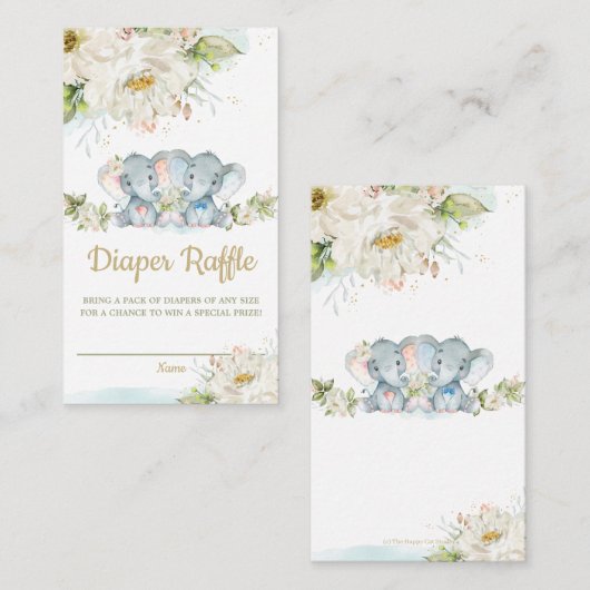 Twins Elephant Boy Girl Baby shower Diaper Raffle Informatiekaartje (Voorkant / Achterkant)