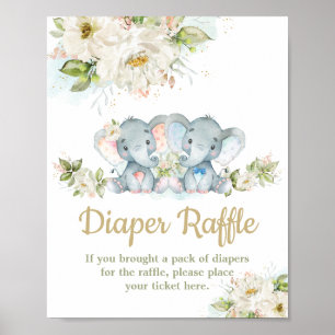 Twins Elephant Boy Girl Baby shower Diaper Raffle Poster