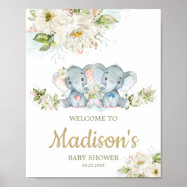 Twins Elephant Boy Girl Baby shower Welcome Sign Poster