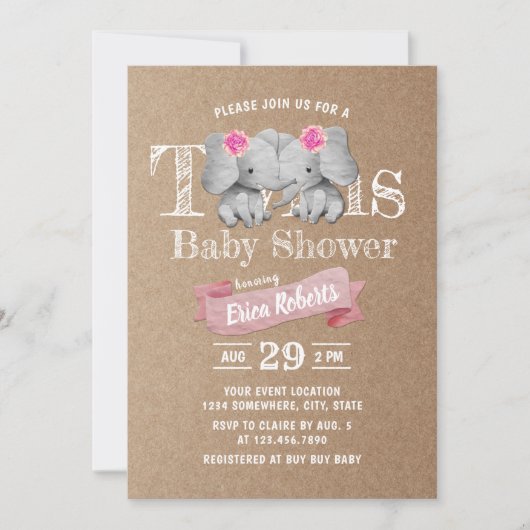 Twins Elephant Rustic Kraft Girl Baby shower Kaart (Voorkant)
