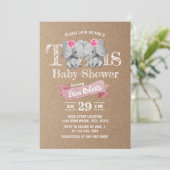 Twins Elephant Rustic Kraft Girl Baby shower Kaart (Staand voorkant)