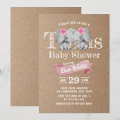 Twins Elephant Rustic Kraft Girl Baby shower Kaart (Voorkant / Achterkant)