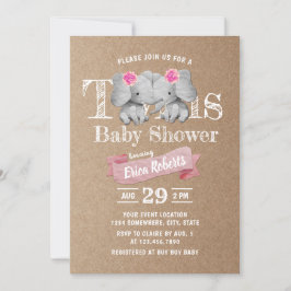 Twins Elephant Rustic Kraft Girl Baby shower Kaart
