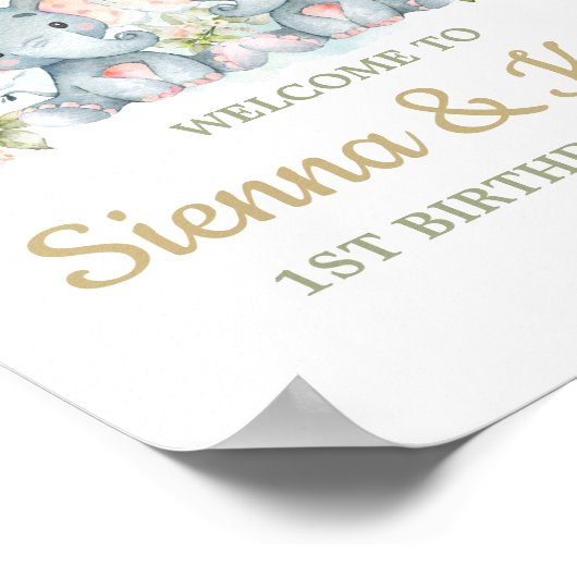 Twins Elephant Twin Girls 1e verjaardag Welkom Poster (Hoek)