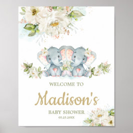 Twins Elephant Twin Girls Baby shower Welcome Sign Poster
