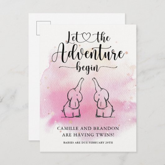 Twins Elephants Announcement Briefkaart (Voorkant / Achterkant)