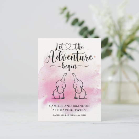 Twins Elephants Announcement Briefkaart (Staand voorkant)