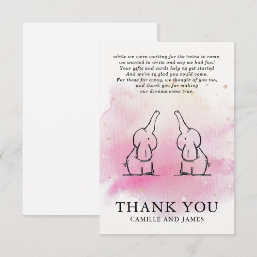 Twins Elephants Baby shower Dank u wel Bedankkaart (Voorkant / Achterkant)