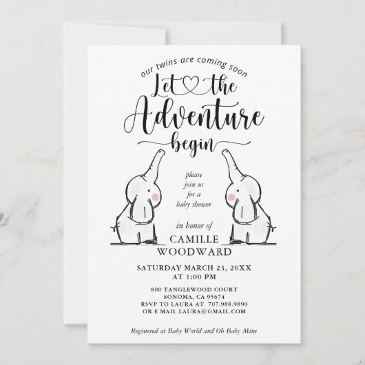 Twins Elephants Baby shower Invitation Kaart (Voorkant)
