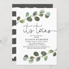 Twins eucalyptus greenery black white baby shower kaart