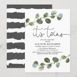 Twins eucalyptus greenery black white baby shower kaart