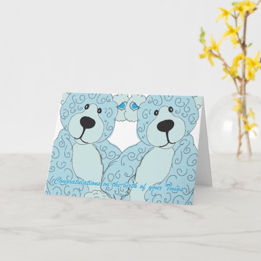 Twins Felicitaties Teddy Bear in blauw Kaart (Gele Bloem)