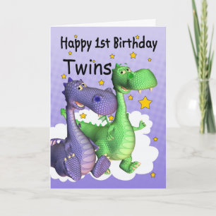 Twins First Birthday Card - Cute Dragons Kaart