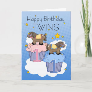 Twins First Birthday Card - twee kleine pony's Kaart