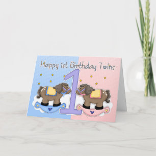 Twins First Birthday Card - twee kleine pony's Kaart
