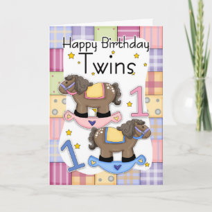 Twins First Birthday Card - twee kleine pony's Kaart