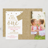 Twins First Birthday Gold & Pink Invitation Kaart (Voorkant / Achterkant)
