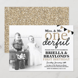 Twins First Birthday Onederful Invitation Kaart