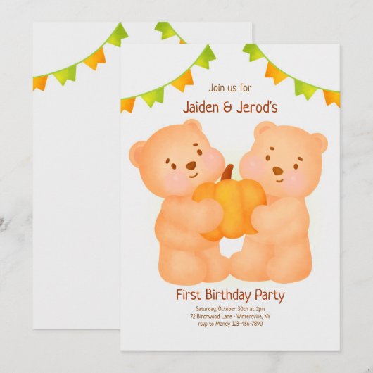 Twins First Birthday Party Kaart (Voorkant / Achterkant)