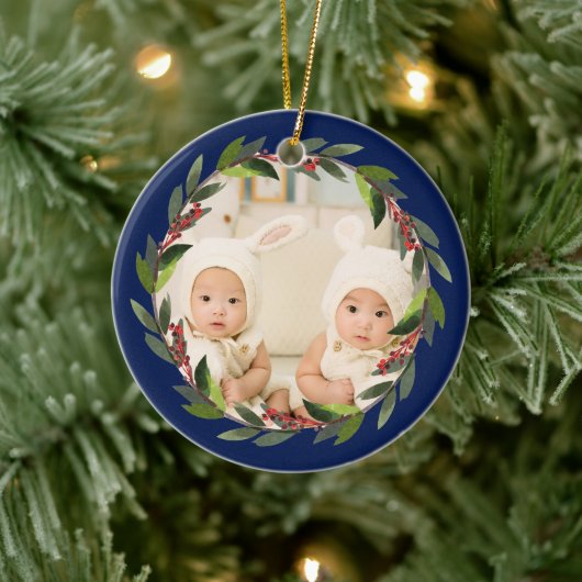 Twins First Kerstmis Waterverf WreatPhoto Blue Keramisch Ornament (Boom)