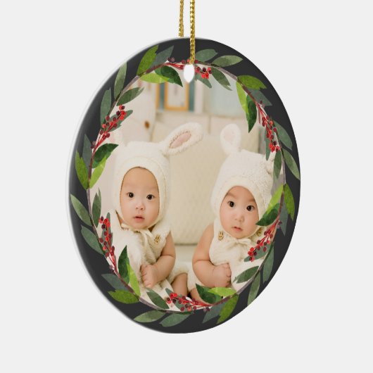 Twins First Kerstmis Waterverf WreatPhoto Grey Keramisch Ornament (Rechts)