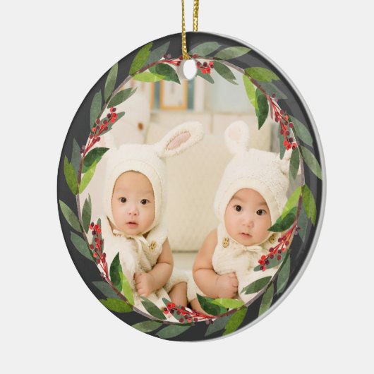 Twins First Kerstmis Waterverf WreatPhoto Grey Keramisch Ornament (Links)