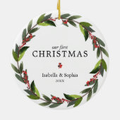 Twins First Kerstmis Waterverf WreatPhoto Grey Keramisch Ornament (Achterkant)