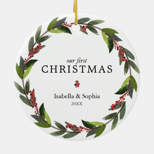 Twins First Kerstmis Waterverf WreatPhoto Grey Keramisch Ornament (Achterkant)