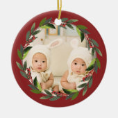 Twins First Kerstmis Waterverf WreatPhoto Red Keramisch Ornament (Voorkant)