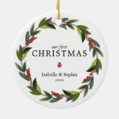 Twins First Kerstmis Waterverf WreatPhoto Red Keramisch Ornament (Achterkant)