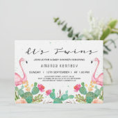 Twins Flamingo Cactus Baby shower Invitation Kaart (Staand voorkant)